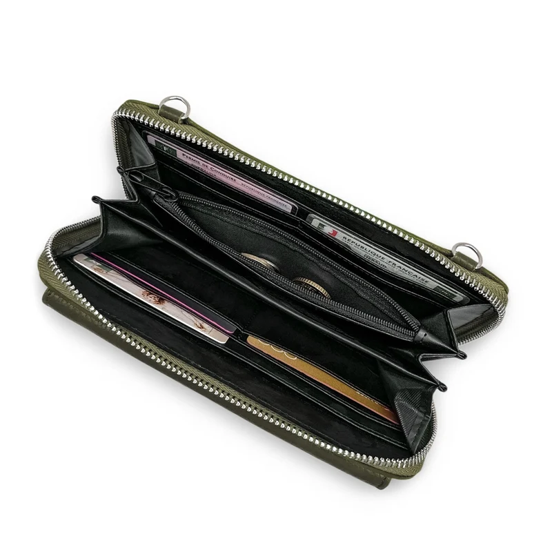Sac portefeuille à bandoulière en cuir grainé CITY Vert kaki