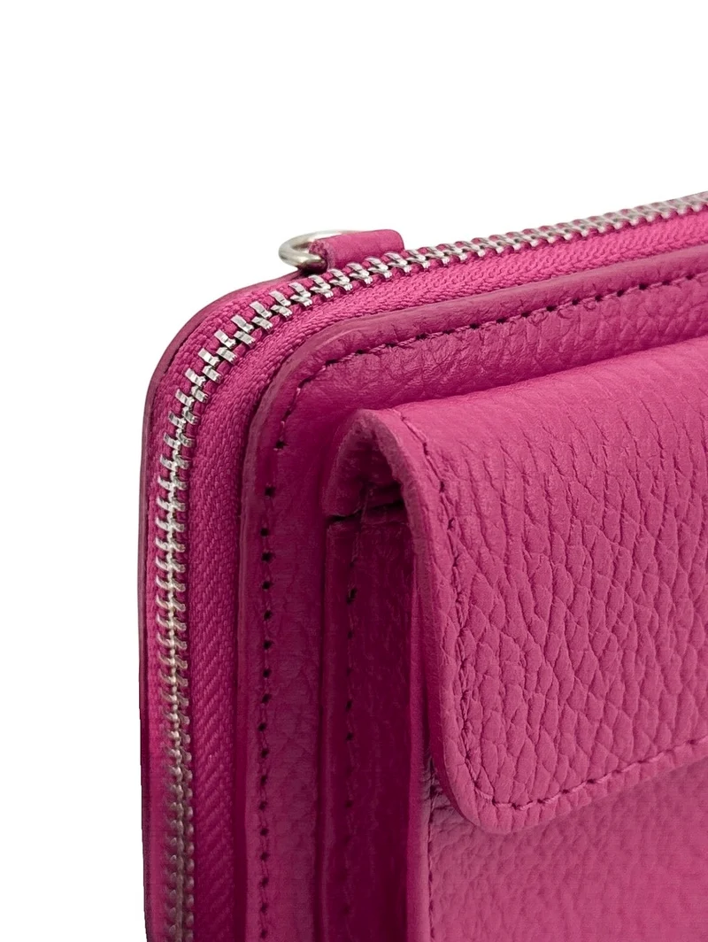 Sac portefeuille à bandoulière en cuir grainé CITY Rose fuchsia