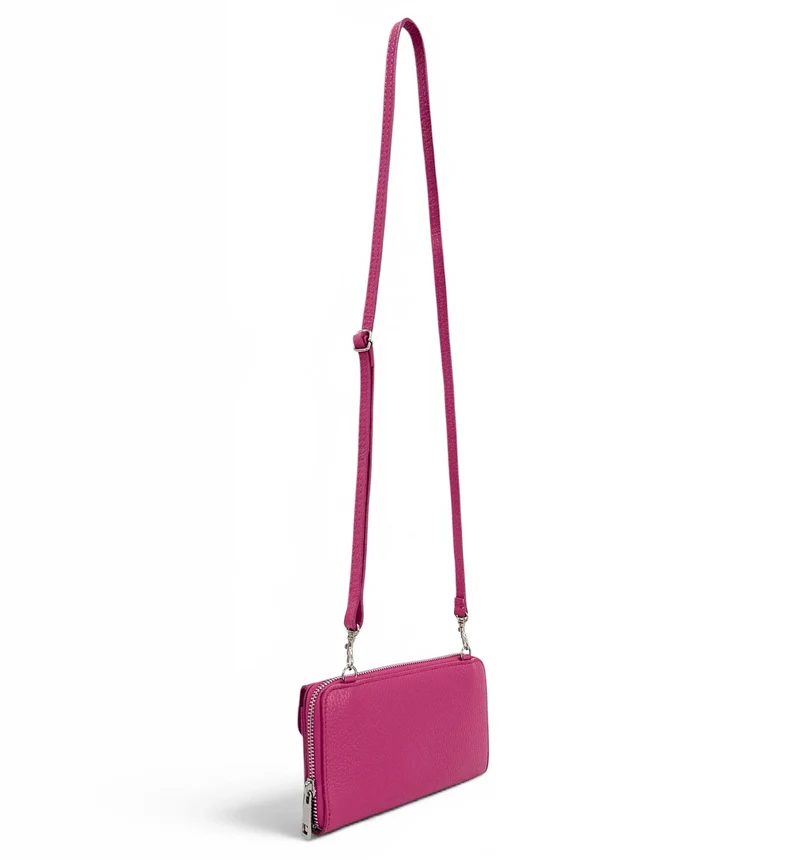 Sac portefeuille à bandoulière en cuir grainé CITY Rose fuchsia