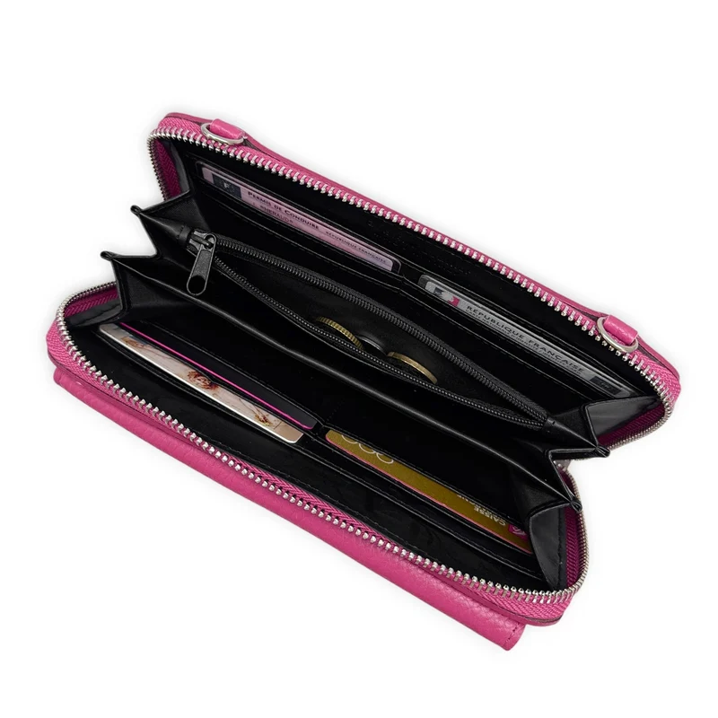 Sac portefeuille à bandoulière en cuir grainé CITY Rose fuchsia