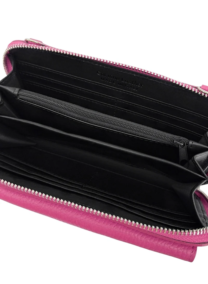 Sac portefeuille à bandoulière en cuir grainé CITY Rose fuchsia