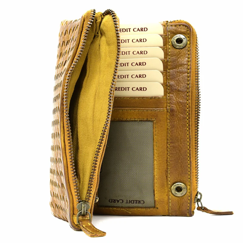 Portefeuille porte-monnaie en cuir tressé SAHARA Jaune Moutarde
