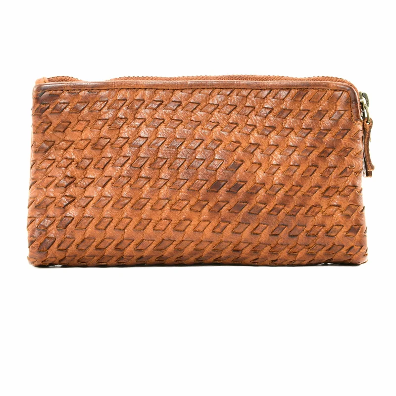 Portefeuille porte-monnaie en cuir tressé SAHARA Cognac
