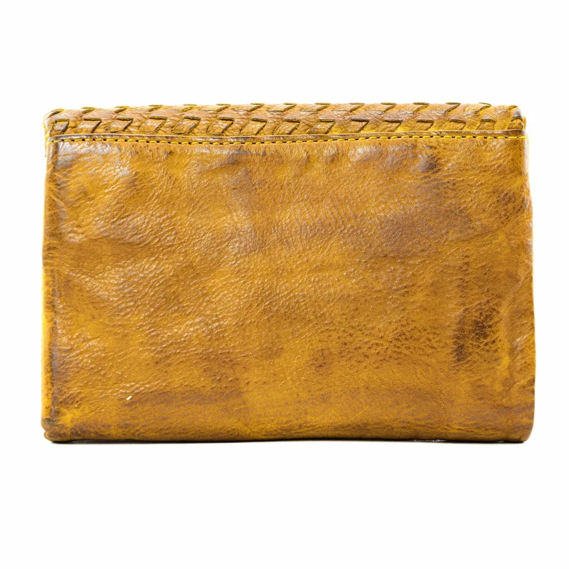 Portefeuille porte-monnaie en cuir tressé ATACAMA Jaune Moutarde
