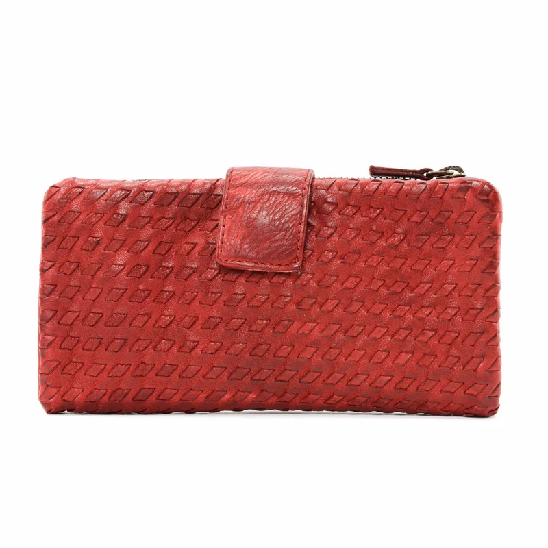 Portefeuille porte-monnaie en cuir tressé NAZCA Rouge garance