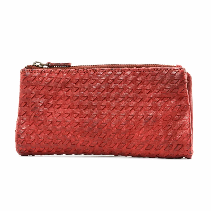Portefeuille porte-monnaie en cuir tressé NAZCA Rouge garance