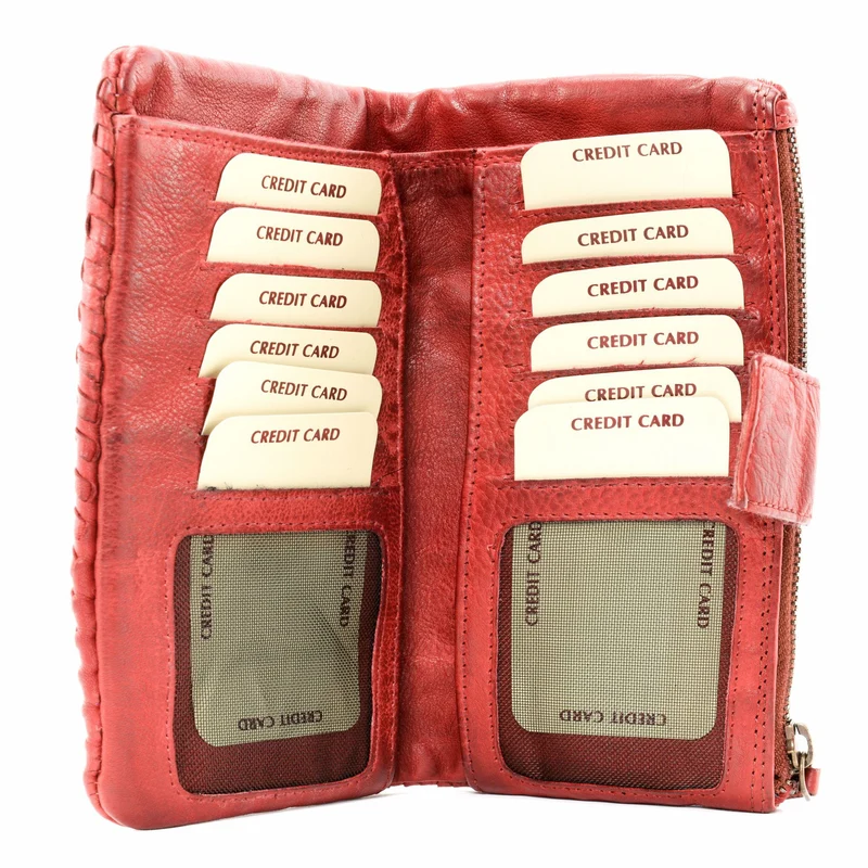 Portefeuille porte-monnaie en cuir tressé NAZCA Rouge garance