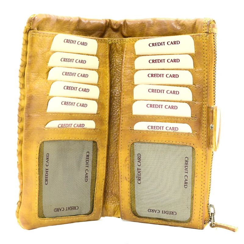 Portefeuille porte-monnaie en cuir tressé NAZCA Jaune Moutarde