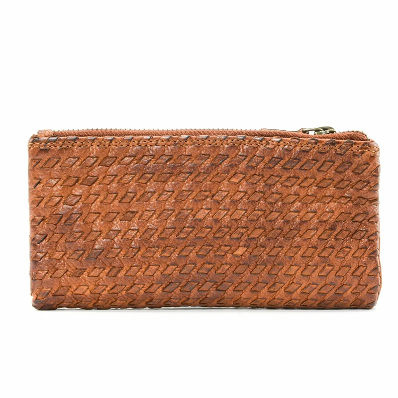Portefeuille porte-monnaie en cuir tressé NAZCA Cognac