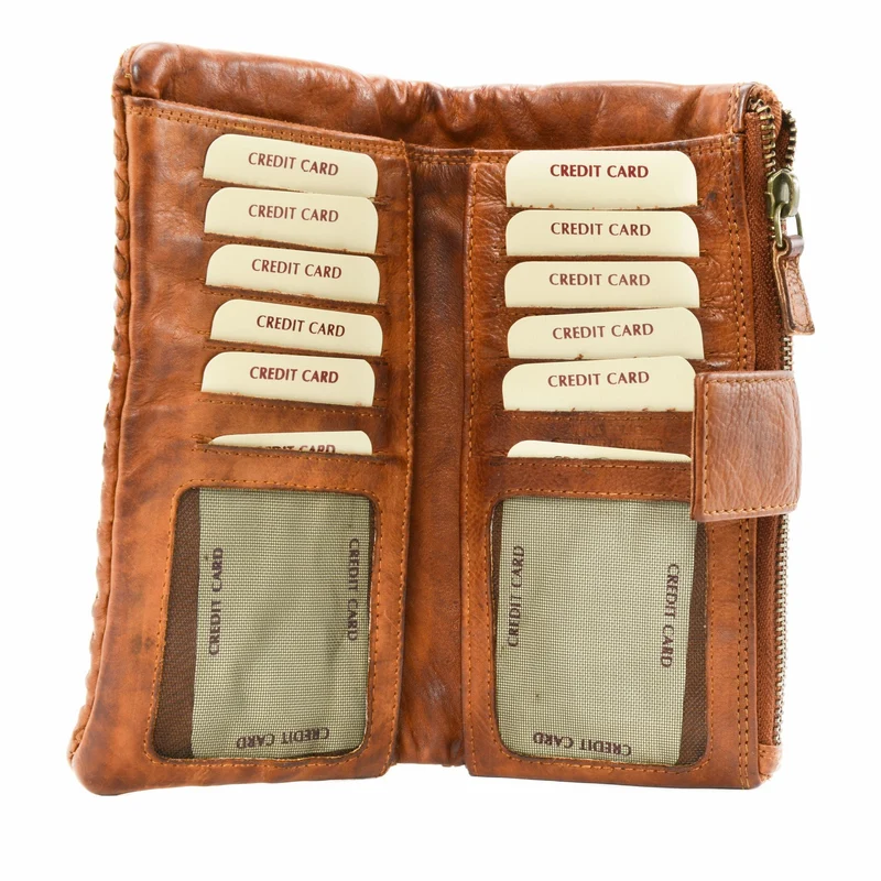 Portefeuille porte-monnaie en cuir tressé NAZCA Cognac