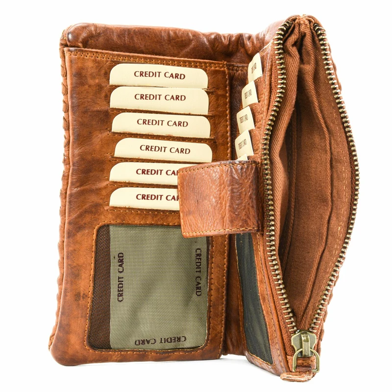 Portefeuille porte-monnaie en cuir tressé NAZCA Cognac