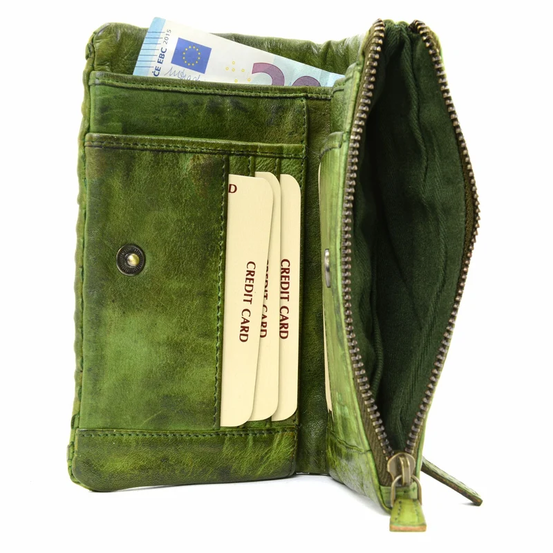 Portefeuille porte-monnaie en cuir tressé THAR Vert intense