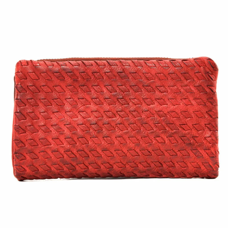 Portefeuille porte-monnaie en cuir tressé THAR Rouge garance