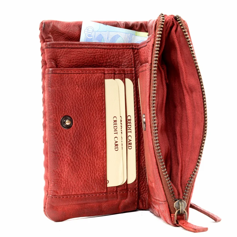 Portefeuille porte-monnaie en cuir tressé THAR Rouge garance