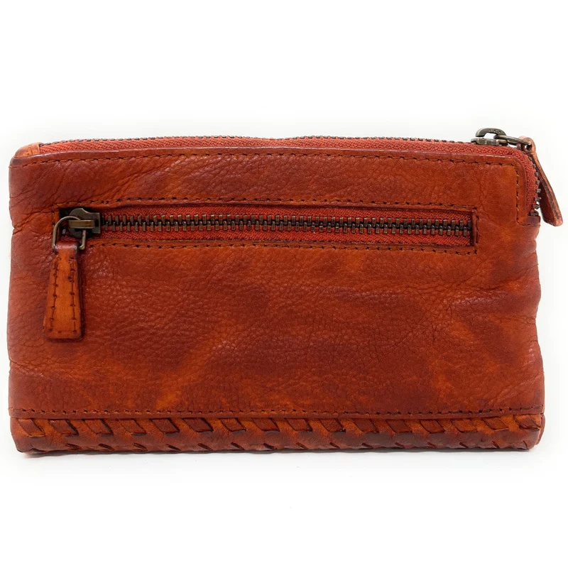Portefeuille porte-monnaie en cuir tressé THAR Orange patiné
