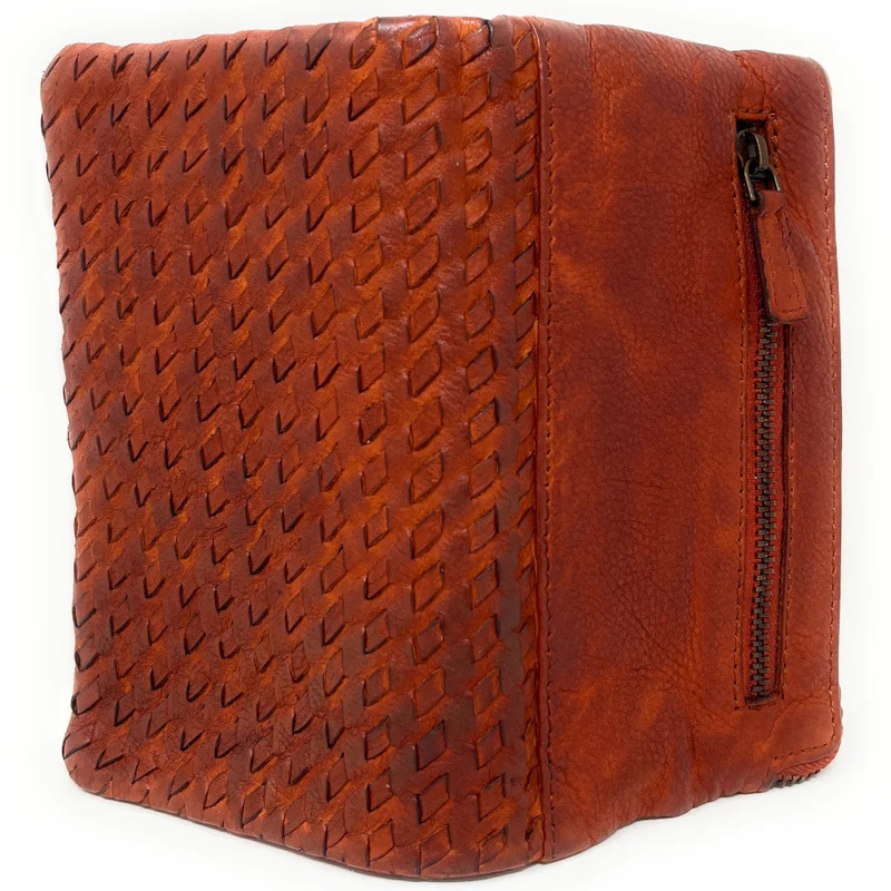 Portefeuille porte-monnaie en cuir tressé THAR Orange patiné