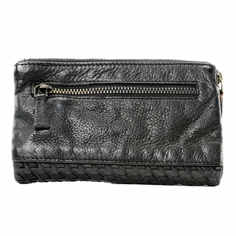 Portefeuille porte-monnaie en cuir tressé THAR Noir