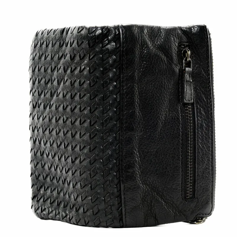Portefeuille porte-monnaie en cuir tressé THAR Noir