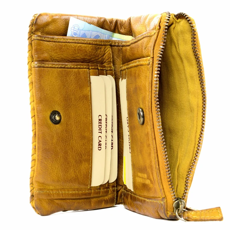 Portefeuille porte-monnaie en cuir tressé THAR Jaune Moutarde