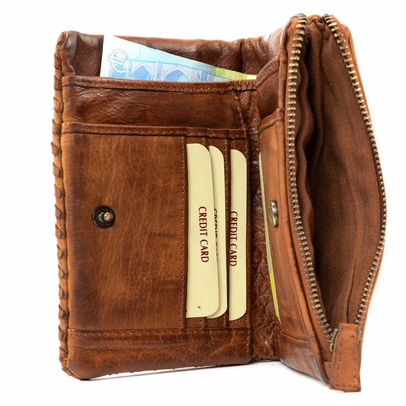 Portefeuille porte-monnaie en cuir tressé THAR Cognac