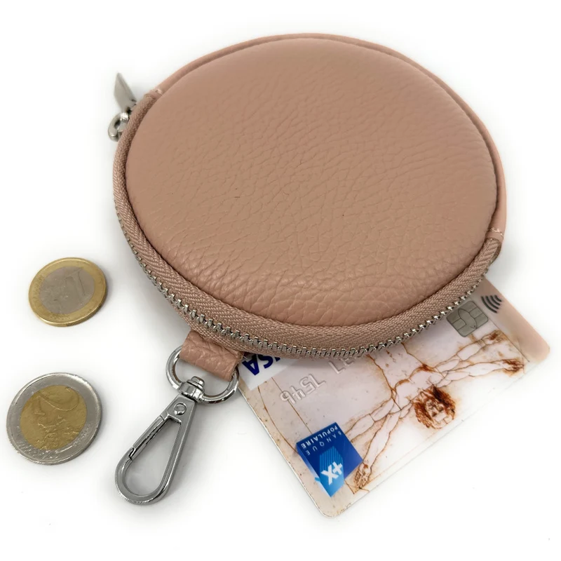 Porte monnaie en cuir grainé italien NEMO Rose nude