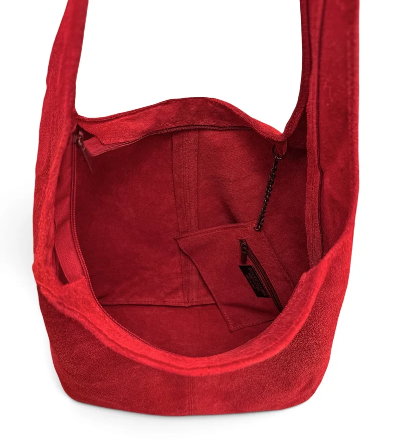 Sac à main de forme HOBO en daim EVA Rouge garance