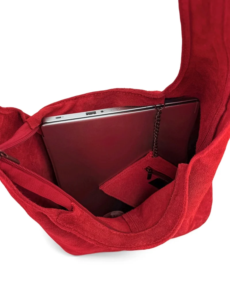 Sac à main de forme HOBO en daim EVA Rouge garance