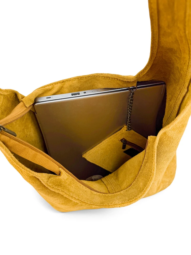 Sac à main de forme HOBO en daim EVA Jaune Moutarde