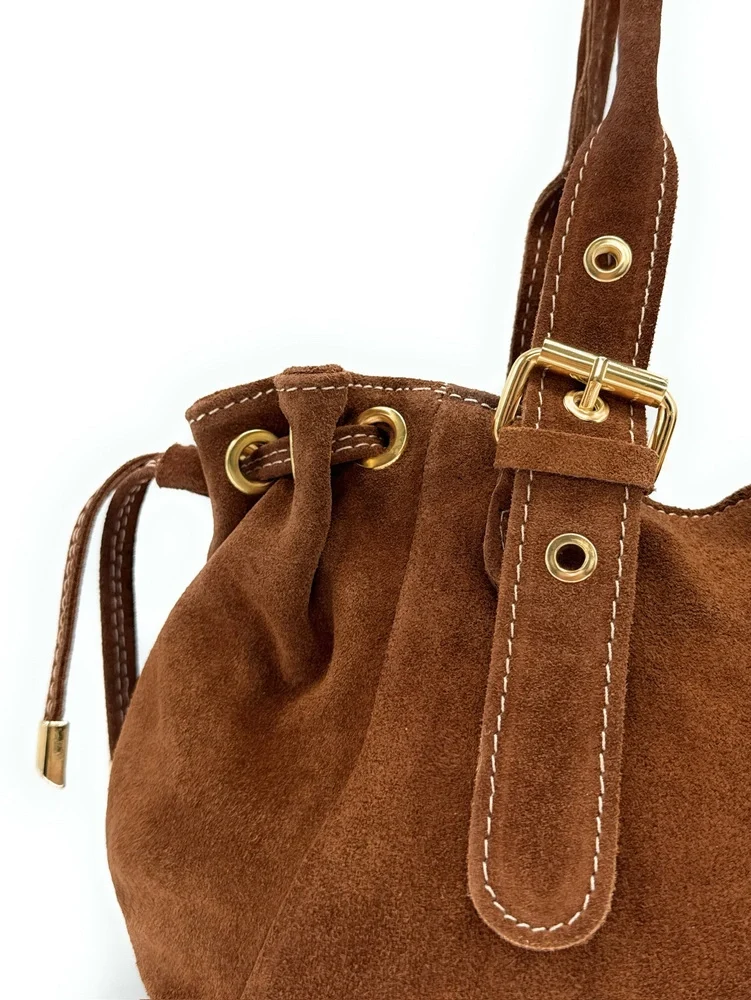 Sac bowling en daim PRINCESSE SUEDE Marron Camel foncé