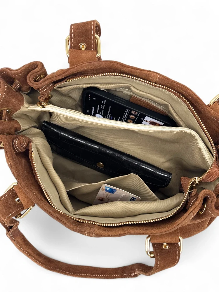 Sac bowling en daim PRINCESSE SUEDE Marron Camel foncé