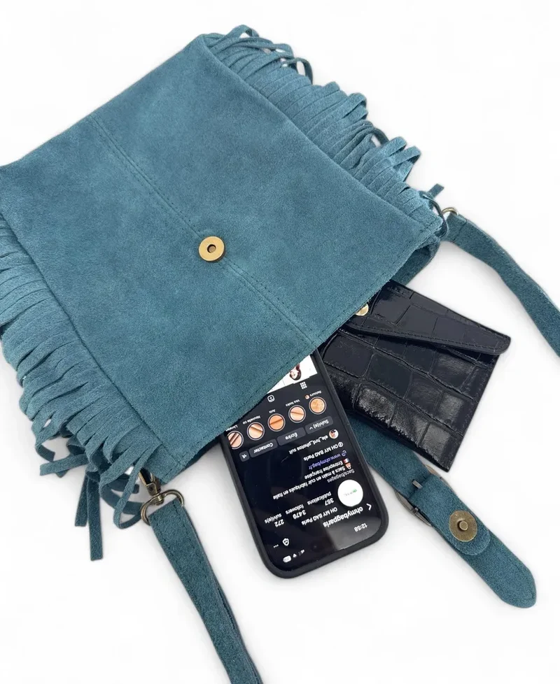 Sac bandoulière en daim CHEYENNE Bleu denim