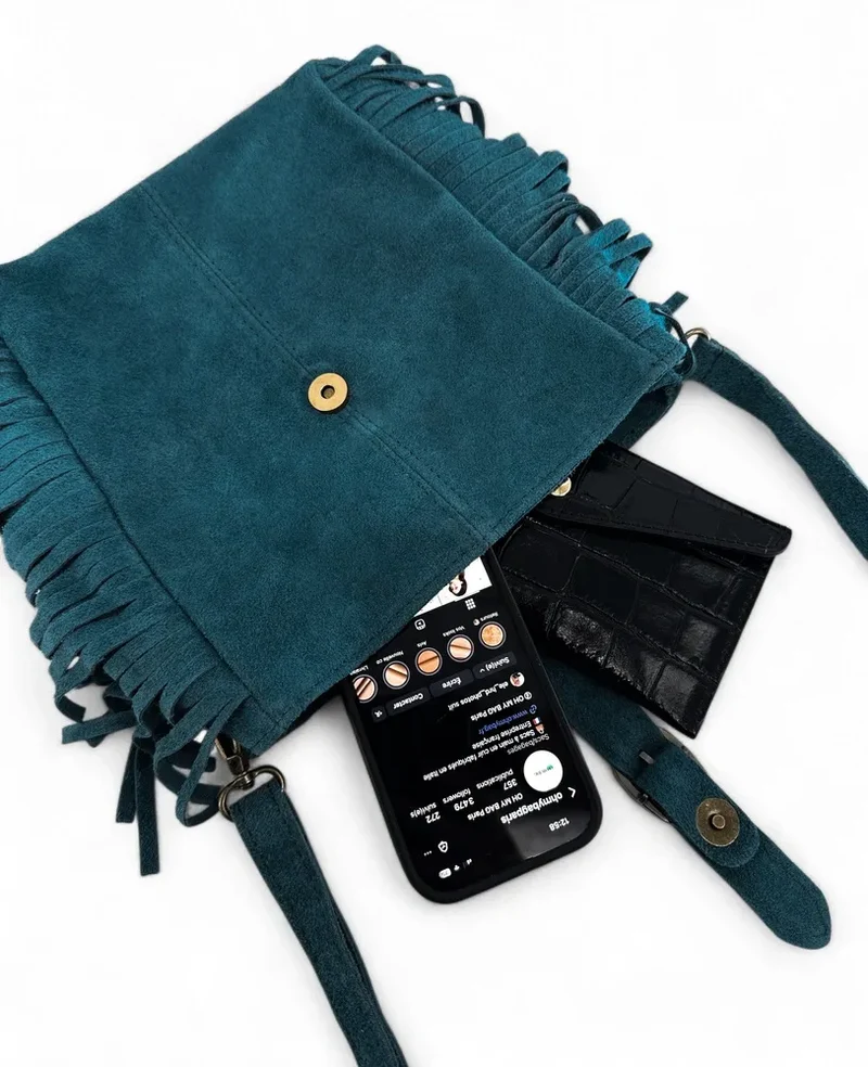 Sac bandoulière en daim CHEYENNE Bleu vert canard