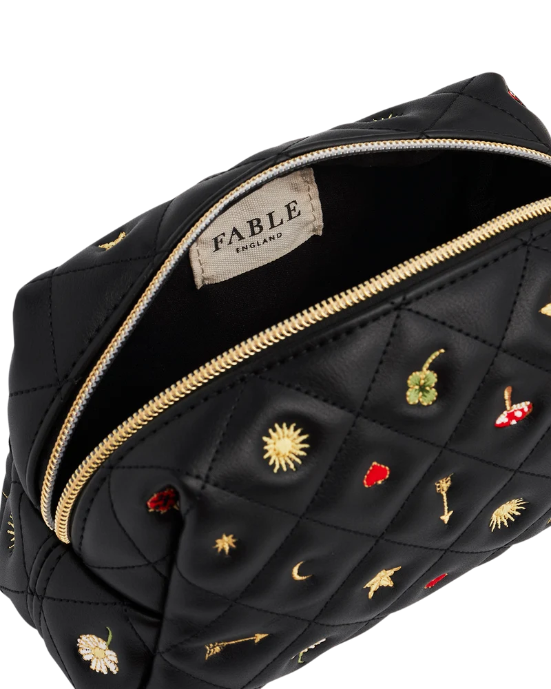 Black Quilted Celestial Embroidered Pouch