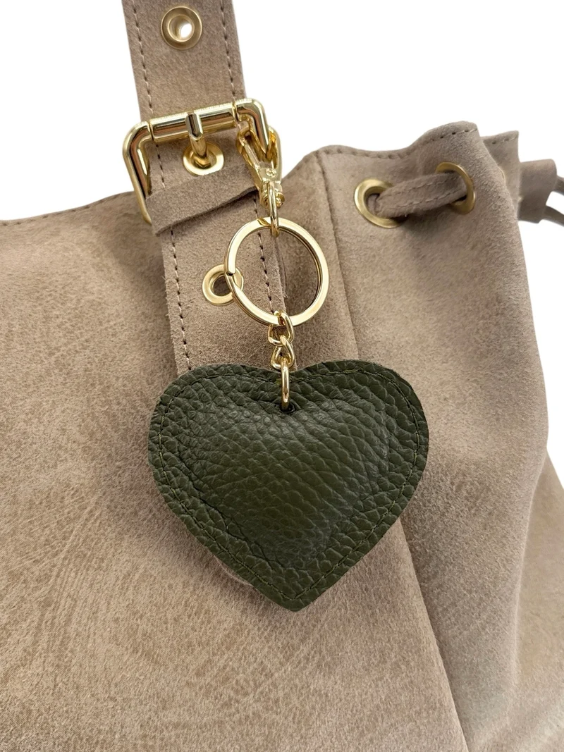 Porte-clés en cuir grainé COEUR GOLD Vert kaki