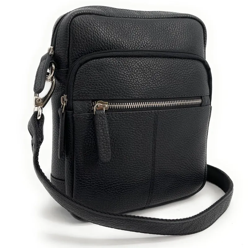 Sacoche homme à bandoulière en cuir grainé PETE Noir