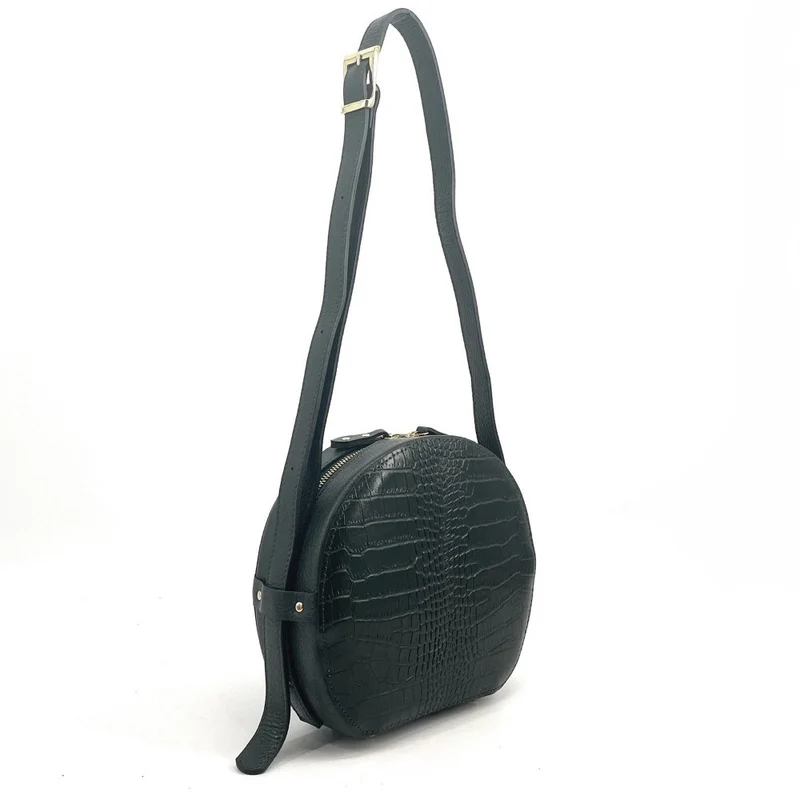 Sac rond à bandoulière en cuir façon croco DRUM Vert forêt