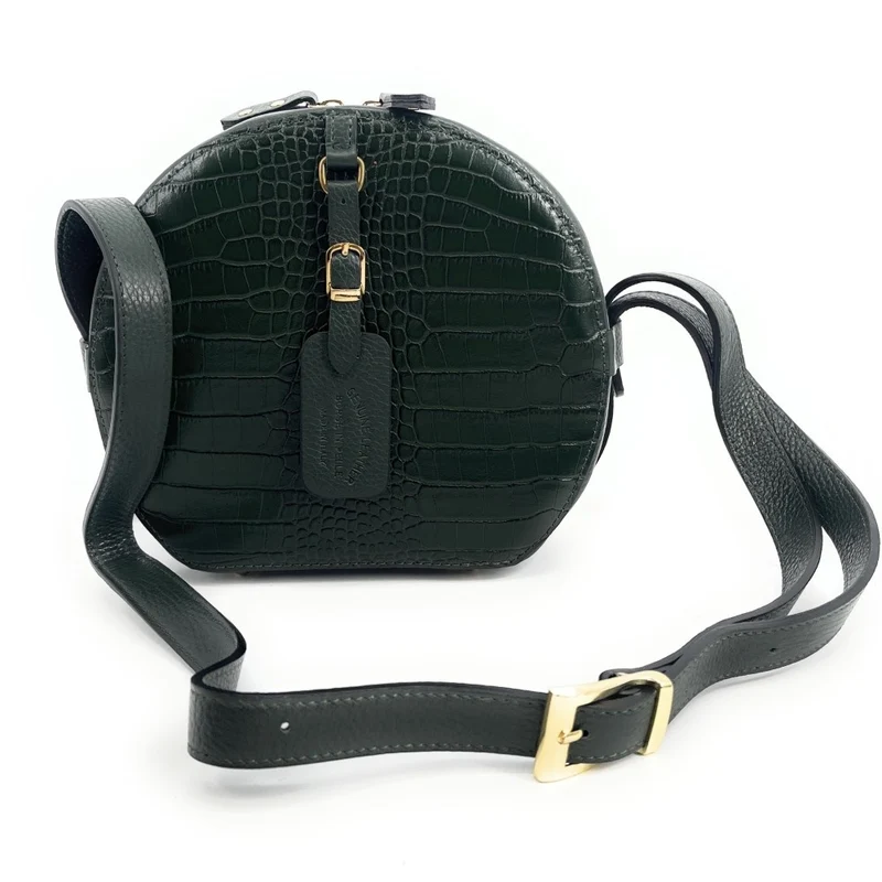 Sac rond à bandoulière en cuir façon croco DRUM Vert forêt