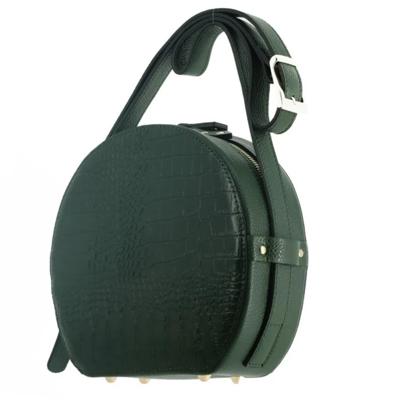Sac rond à bandoulière en cuir façon croco DRUM Vert forêt