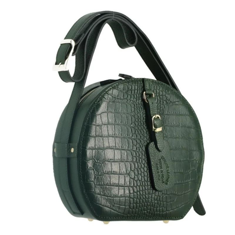 Sac rond à bandoulière en cuir façon croco DRUM Vert forêt
