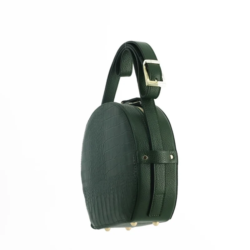 Sac rond à bandoulière en cuir façon croco DRUM Vert forêt