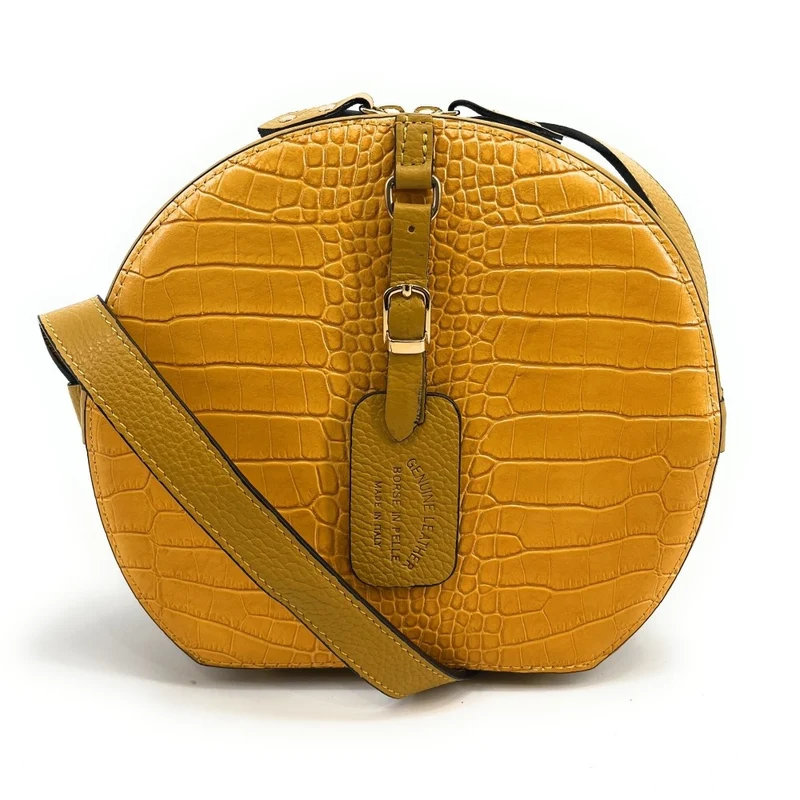 Sac rond à bandoulière en cuir façon croco DRUM Jaune Moutarde
