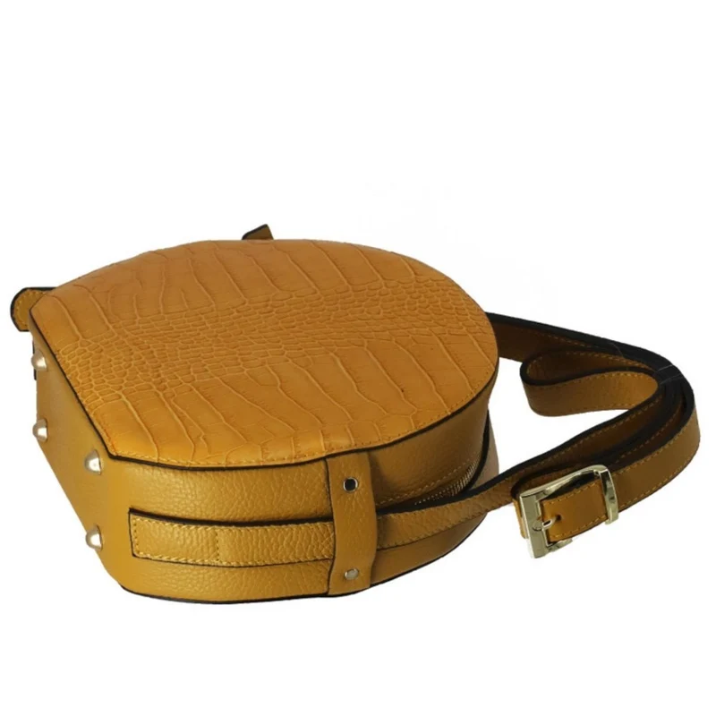 Sac rond à bandoulière en cuir façon croco DRUM Jaune Moutarde