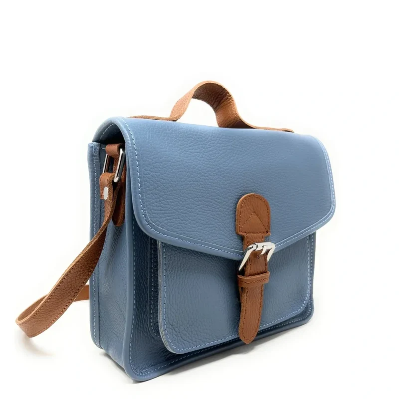 Sac cartable en cuir grainé CALVI Bleu glacier