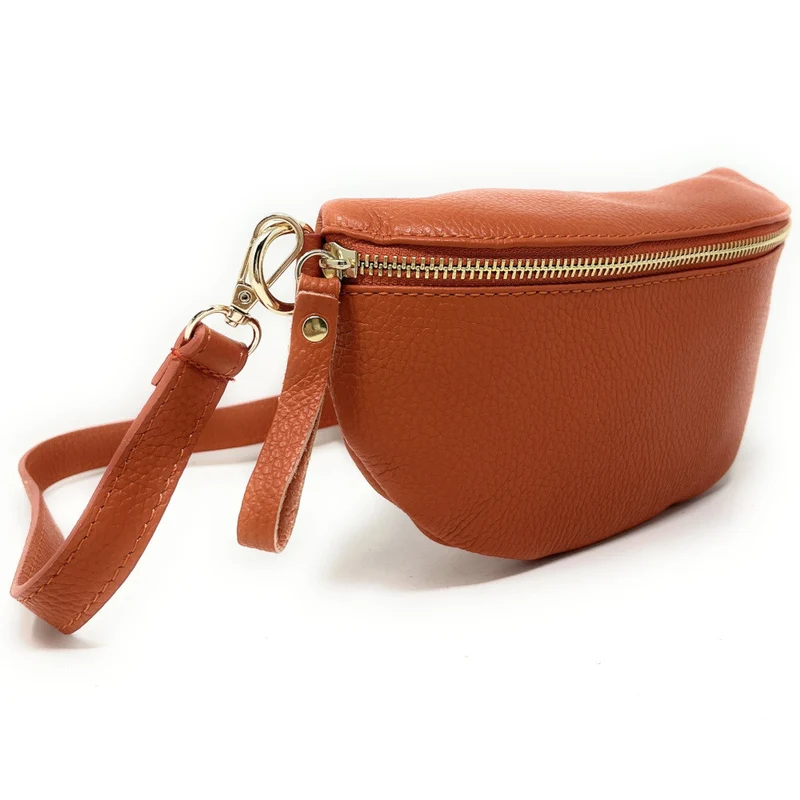 Sac banane en cuir grainé LOU-DO métal doré Orange