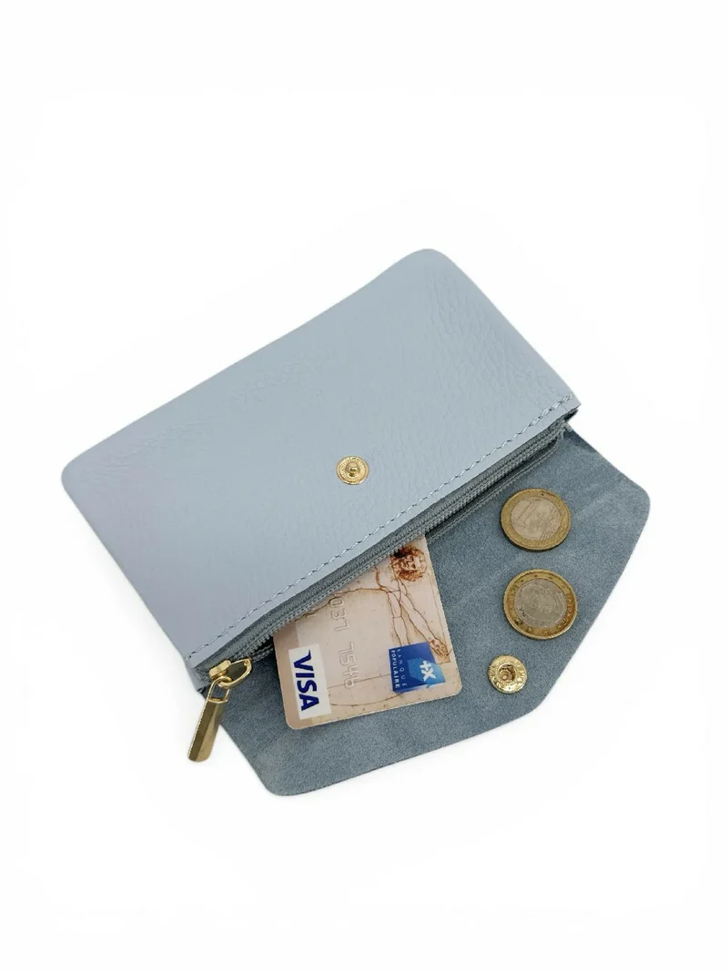 Pochette porte-monnaie en cuir grainé COMPO Bleu pastel