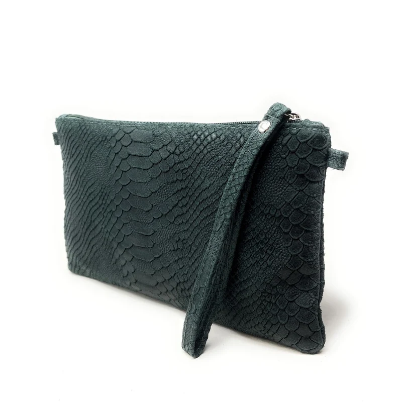 Sac pochette en cuir effet serpent DUNDEE Vert forêt