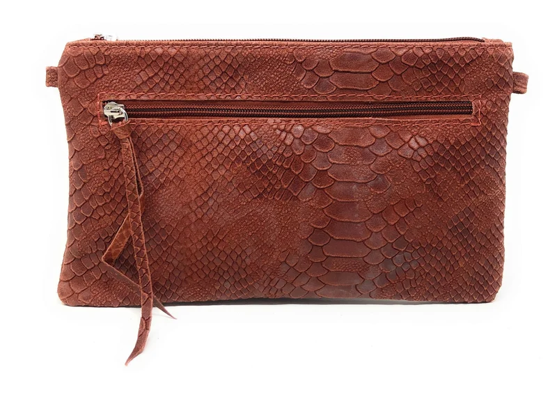 Sac pochette en cuir effet serpent DUNDEE Rouge brique