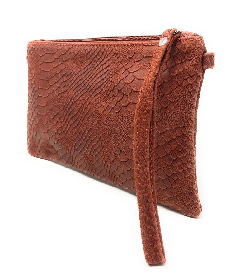 Sac pochette en cuir effet serpent DUNDEE Rouge brique