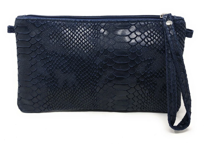 Sac pochette en cuir effet serpent DUNDEE Bleu marine