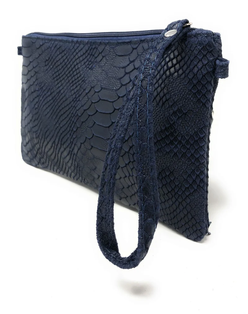 Sac pochette en cuir effet serpent DUNDEE Bleu marine